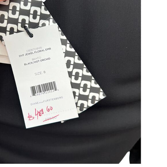 Diane Von Furstenberg Jewel Wrap‎ Dress Floral Embroidered Black Pink Size 8 - Picture 9 of 12